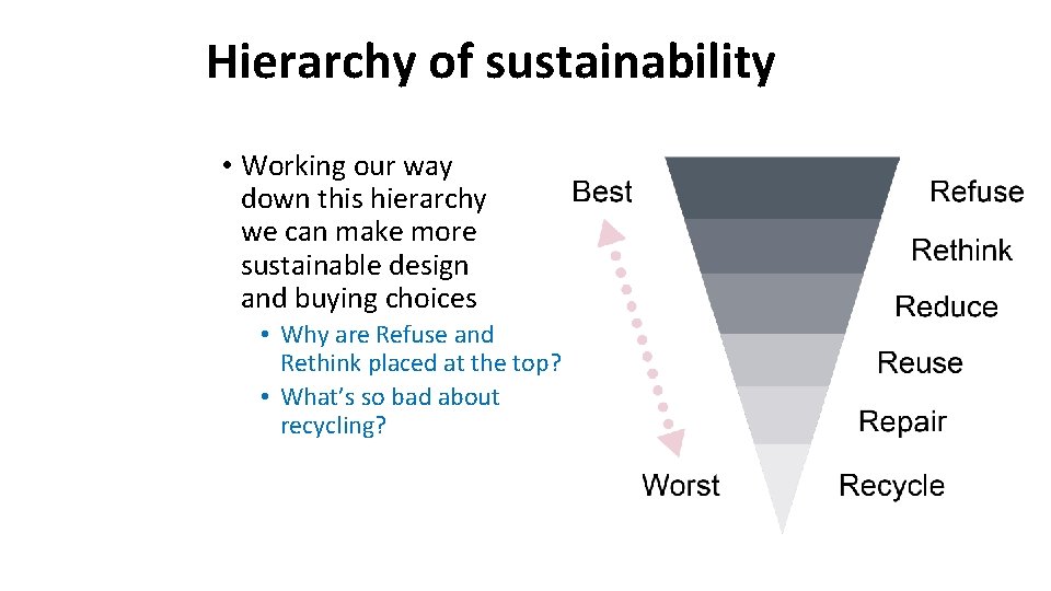 Hierarchy of sustainability • Working our way down this hierarchy we can make more
