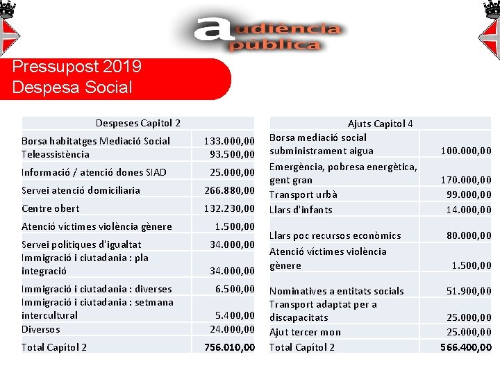 Pressupost 2019 Despesa Social Despeses Capitol 2 Borsa habitatges Mediació Social Teleassistència 133. 000,