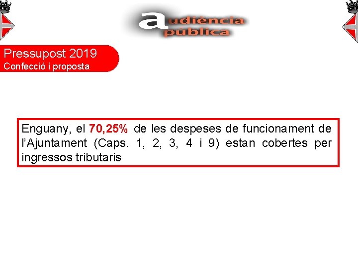 Pressupost 2019 Confecció i proposta Enguany, el 70, 25% de les despeses de funcionament