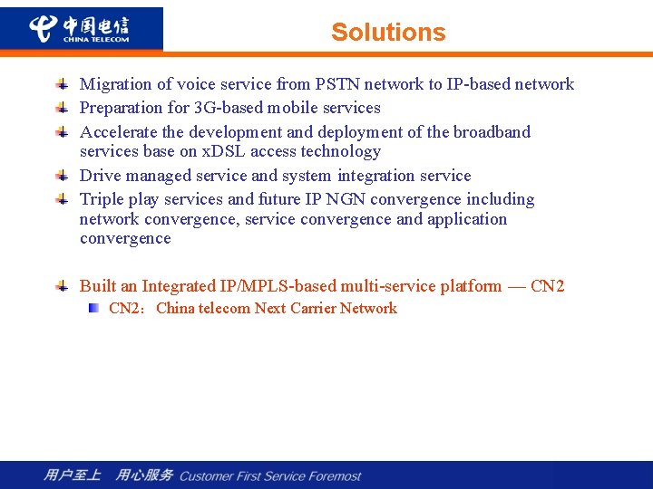 Solutions Migration of voice service from PSTN network to IP-based network Preparation for 3