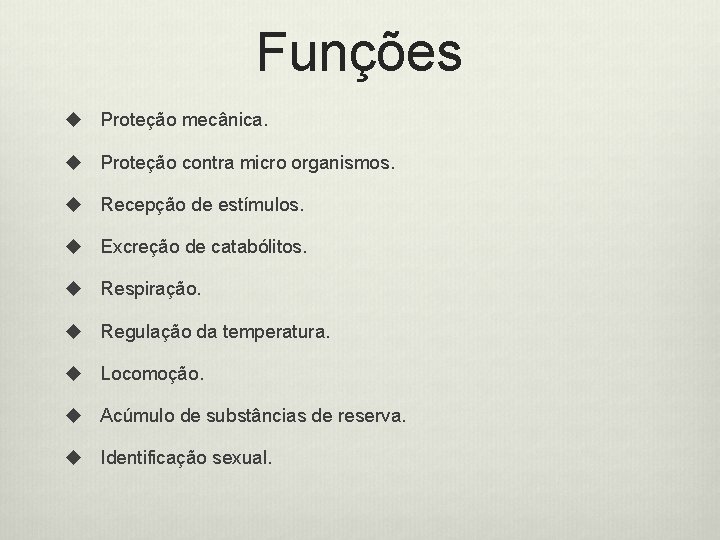 Funções u Proteção mecânica. u Proteção contra micro organismos. u Recepção de estímulos. u