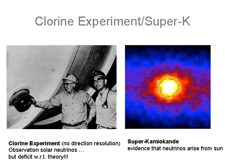Clorine Experiment/Super-K Clorine Experiment (no direction resolution) Observation solar neutrinos … but deficit w.