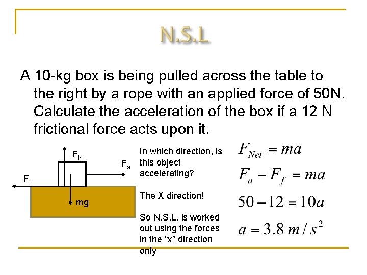 A 10 -kg box is being pulled across the table to the right by