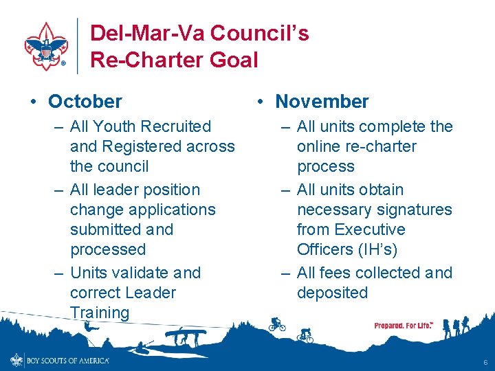 Del-Mar-Va Council’s Re-Charter Goal • October – All Youth Recruited and Registered across the