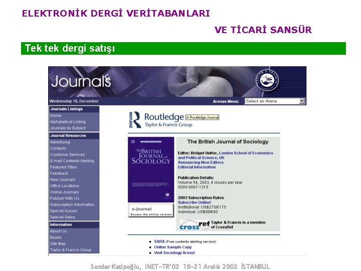 ELEKTRONİK DERGİ VERİTABANLARI VE TİCARİ SANSÜR Tek tek dergi satışı Serdar Katipoğlu, INET-TR’ 02