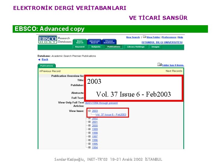 ELEKTRONİK DERGİ VERİTABANLARI VE TİCARİ SANSÜR EBSCO: Advanced copy 2003 Vol. 37 Issue 6