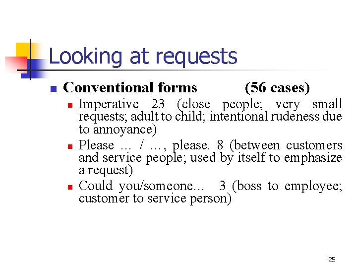 Looking at requests n Conventional forms n n n (56 cases) Imperative 23 (close