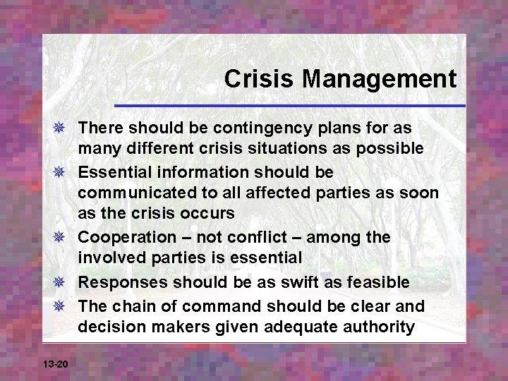 Crisis Management ¯ There should be contingency plans for as many different crisis situations