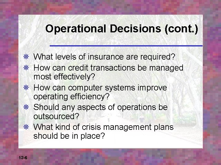 Operational Decisions (cont. ) ¯ What levels of insurance are required? ¯ How can
