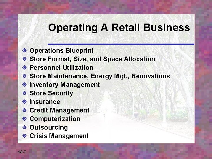 Operating A Retail Business ¯ ¯ ¯ 13 -7 Operations Blueprint Store Format, Size,