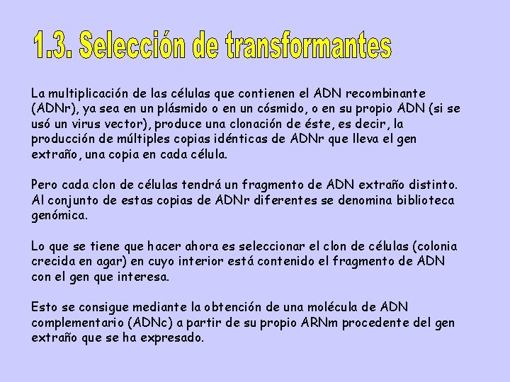 La multiplicación de las células que contienen el ADN recombinante (ADNr), ya sea en