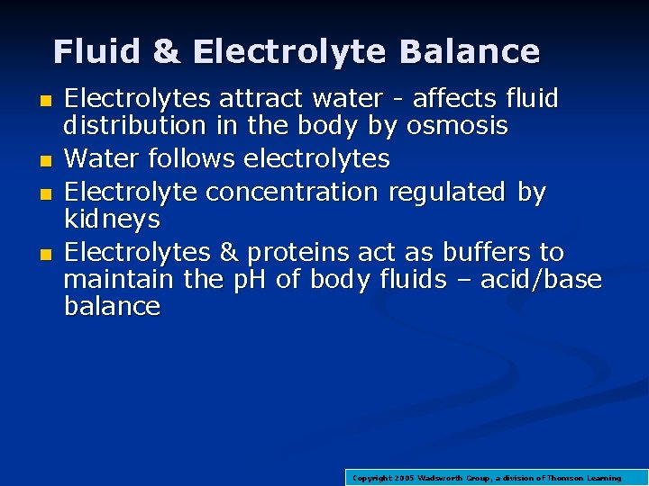 Fluid & Electrolyte Balance n n Electrolytes attract water - affects fluid distribution in Fluid & Electrolyte Balance n n Electrolytes attract water - affects fluid distribution in