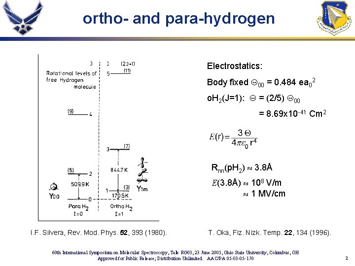 ortho- and para-hydrogen Electrostatics: Body fixed Q 00 = 0. 484 ea 02 o.