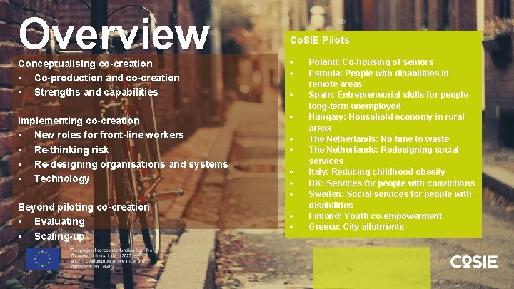 Overview Co. SIE Pilots Conceptualising co-creation • Co-production and co-creation • Strengths and capabilities