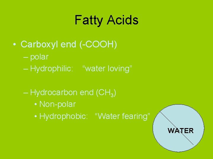 Fatty Acids • Carboxyl end (-COOH) – polar – Hydrophilic: “water loving” – Hydrocarbon