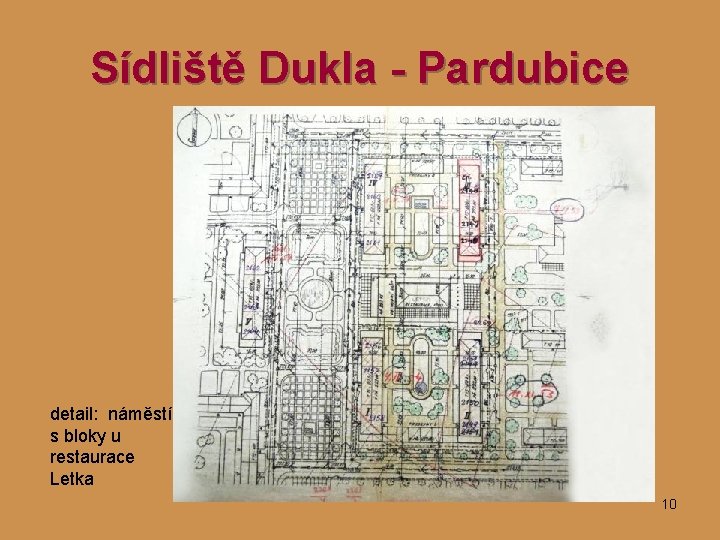 Sídliště Dukla - Pardubice detail: náměstí s bloky u restaurace Letka 10 