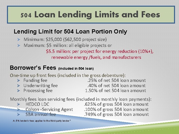 504 Loan Lending Limits and Fees Lending Limit for 504 Loan Portion Only Ø