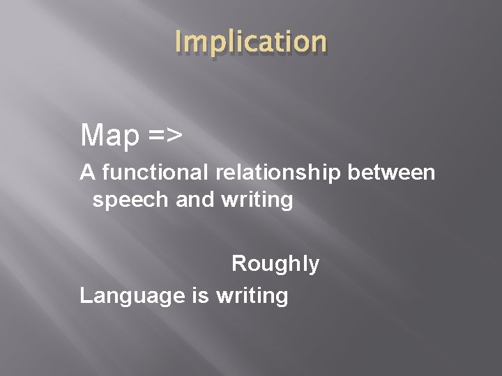 Implication Map => A functional relationship between speech and writing Roughly Language is writing