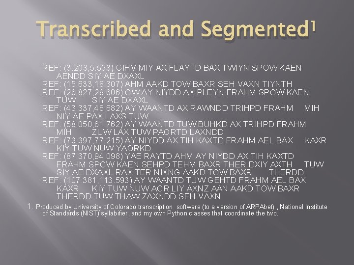 Transcribed and Segmented 1 REF: (3. 203, 5. 553) GIHV MIY AX FLAYTD BAX