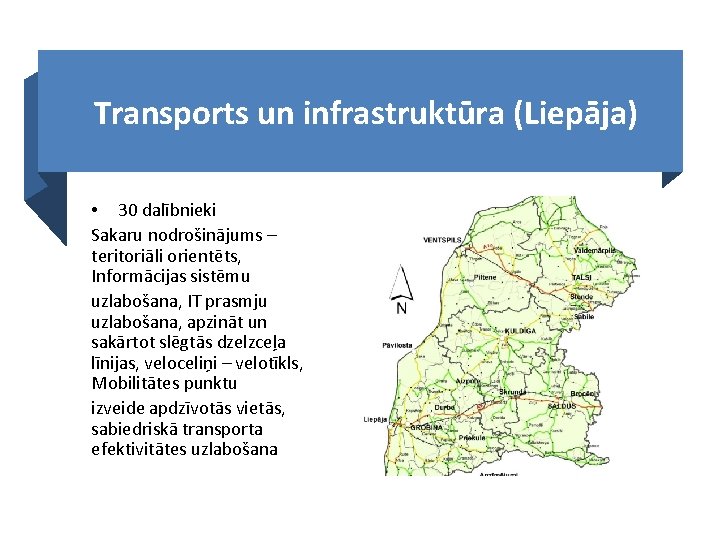 Transports un infrastruktūra (Liepāja) • 30 dalībnieki Sakaru nodrošinājums – teritoriāli orientēts, Informācijas sistēmu