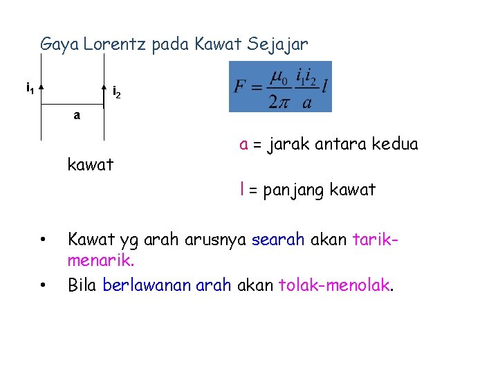 Gaya Lorentz pada Kawat Sejajar i 1 i 2 a kawat a = jarak