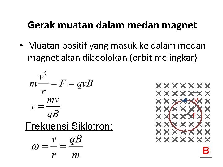 Gerak muatan dalam medan magnet • Muatan positif yang masuk ke dalam medan magnet