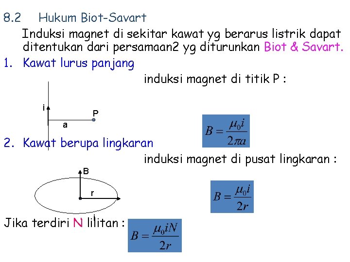 8. 2 Hukum Biot-Savart Induksi magnet di sekitar kawat yg berarus listrik dapat ditentukan