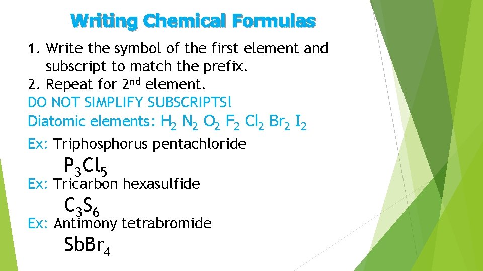 Writing Chemical Formulas 1. Write the symbol of the first element and subscript to