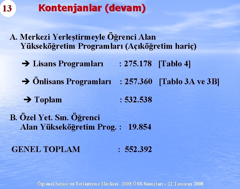 13 Kontenjanlar (devam) A. Merkezi Yerleştirmeyle Öğrenci Alan Yükseköğretim Programları (Açıköğretim hariç) è Lisans