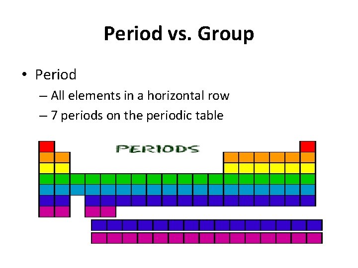 Period vs. Group • Period – All elements in a horizontal row – 7