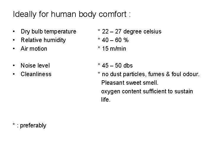 Ideally for human body comfort : • Dry bulb temperature • Relative humidity •