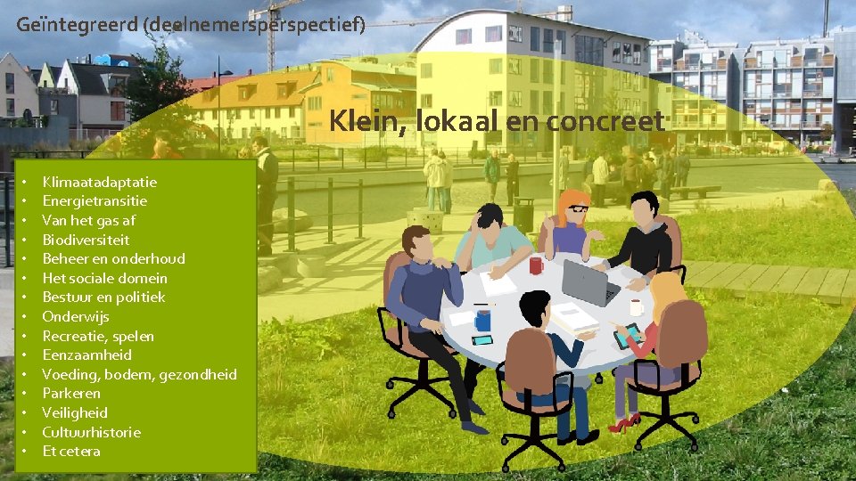 Geïntegreerd (deelnemerspectief) Klein, lokaal en concreet • • • • 11 Klimaatadaptatie Energietransitie Van