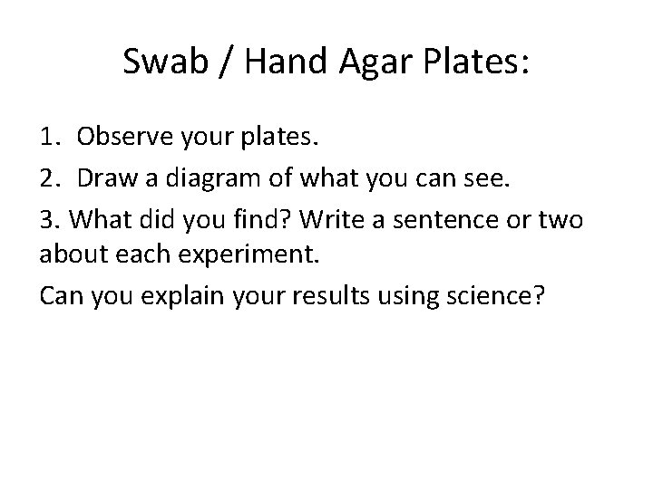 Swab / Hand Agar Plates: 1. Observe your plates. 2. Draw a diagram of