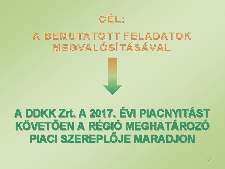 CÉL: A BEMUTATOTT FELADATOK MEGVALÓSÍTÁSÁVAL A DDKK Zrt. A 2017. ÉVI PIACNYITÁST KÖVETŐEN A