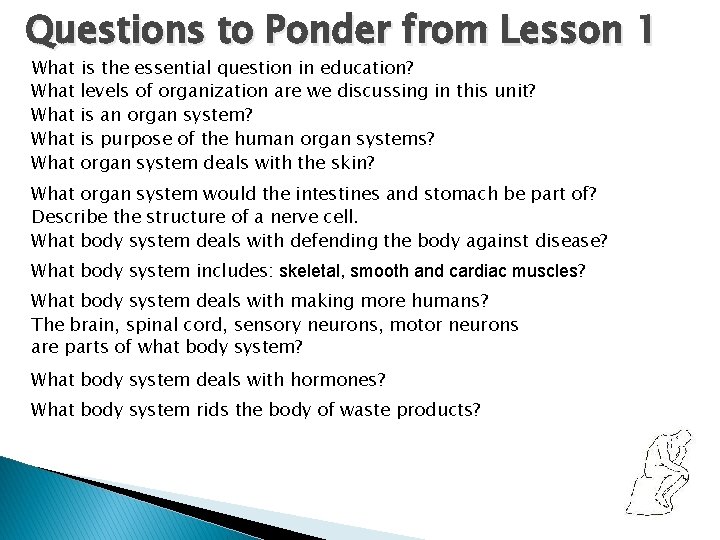 Questions to Ponder from Lesson 1 What is the essential question in education? What