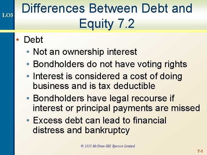 LO 3 Differences Between Debt and Equity 7. 2 • Debt • Not an