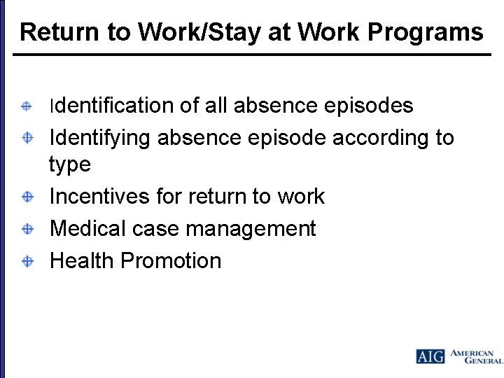 Return to Work/Stay at Work Programs Identification of all absence episodes Identifying absence episode