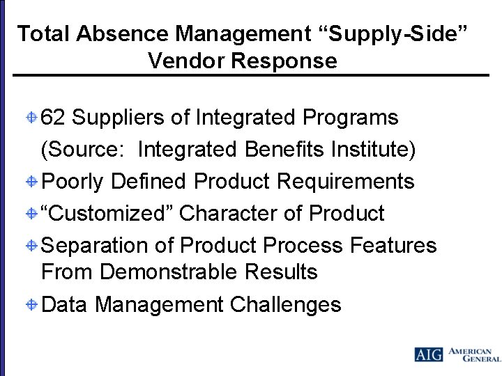 Total Absence Management “Supply-Side” Vendor Response 62 Suppliers of Integrated Programs (Source: Integrated Benefits