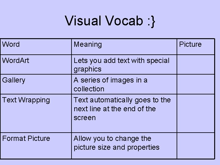 Visual Vocab : } Word Meaning Word. Art Lets you add text with special