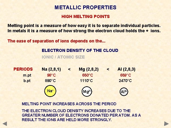 METALLIC PROPERTIES HIGH MELTING POINTS Melting point is a measure of how easy it