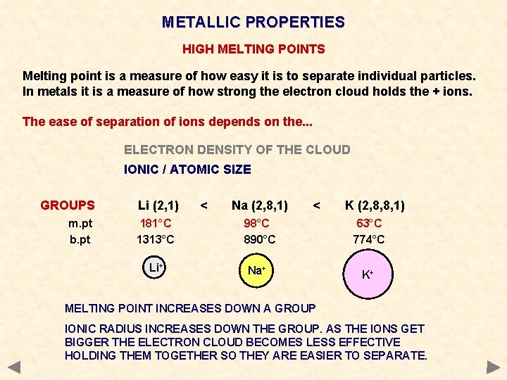 METALLIC PROPERTIES HIGH MELTING POINTS Melting point is a measure of how easy it