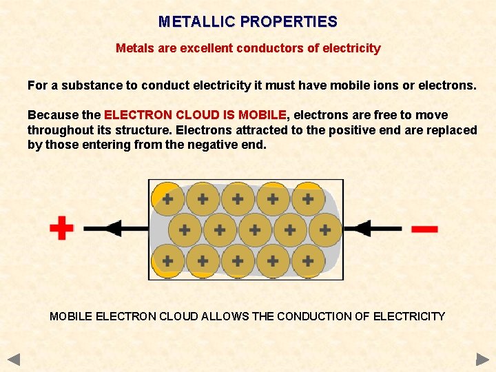 METALLIC PROPERTIES Metals are excellent conductors of electricity For a substance to conduct electricity