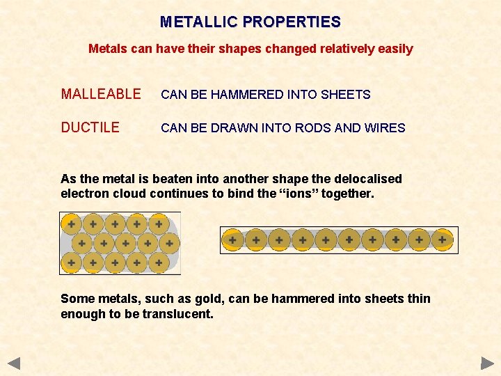 METALLIC PROPERTIES Metals can have their shapes changed relatively easily MALLEABLE CAN BE HAMMERED