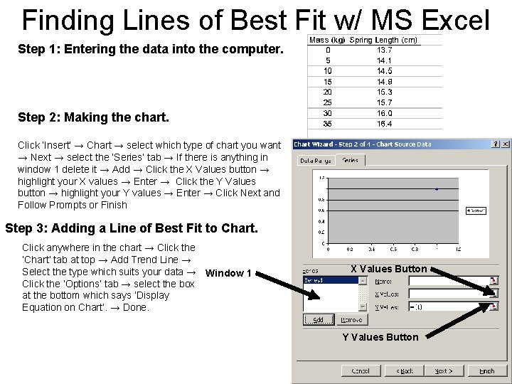 Finding Lines of Best Fit w/ MS Excel Step 1: Entering the data into
