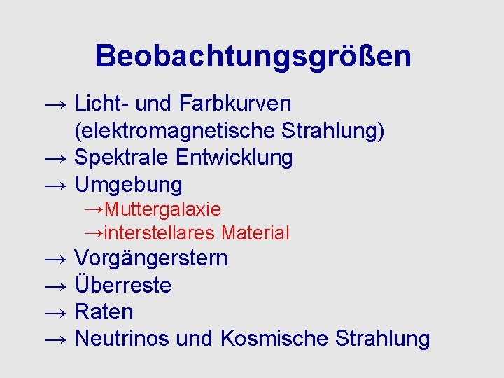 Beobachtungsgrößen → Licht- und Farbkurven (elektromagnetische Strahlung) → Spektrale Entwicklung → Umgebung →Muttergalaxie →interstellares