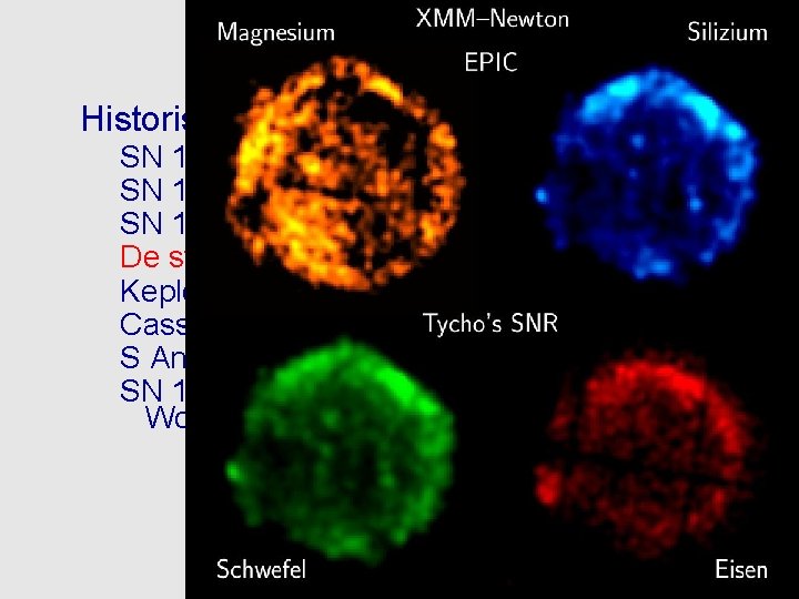 Supernovae Historische Supernovae SN 1006 (in Lupus) SN 1054 (Krebs Nebel in Taurus) SN