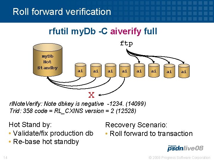 Roll forward verification rfutil my. Db -C aiverify full ftp my. Db Hot Standby