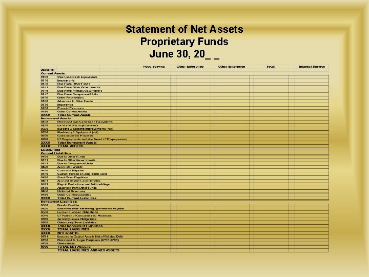 Statement of Net Assets Proprietary Funds June 30, 20_ _ 