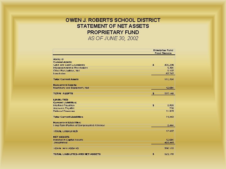 OWEN J. ROBERTS SCHOOL DISTRICT STATEMENT OF NET ASSETS PROPRIETARY FUND AS OF JUNE