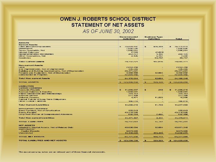 OWEN J. ROBERTS SCHOOL DISTRICT STATEMENT OF NET ASSETS AS OF JUNE 30, 2002